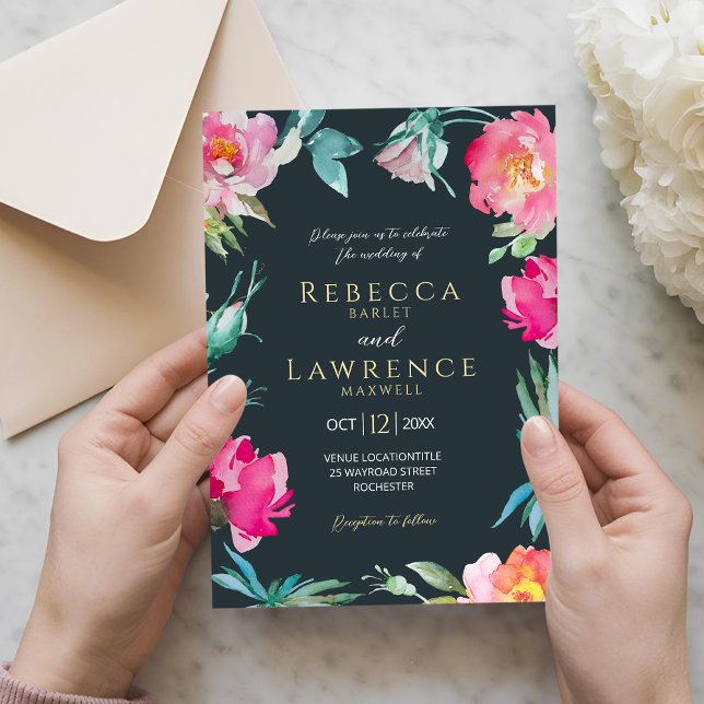 Elegante invitación a la boda de flores rosas bril (Subido por el creador)
