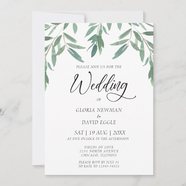 Elegante invitación a la boda de follaje verde (Anverso)