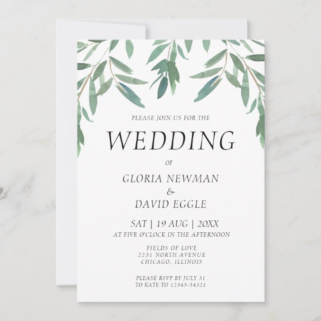 Elegante invitación a la boda de follaje verde (Anverso)