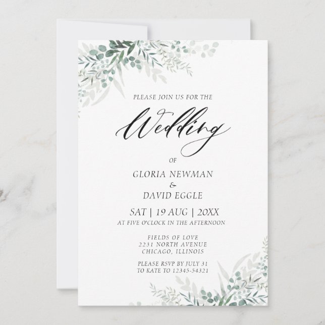 Elegante invitación a la boda de follaje verde (Anverso)