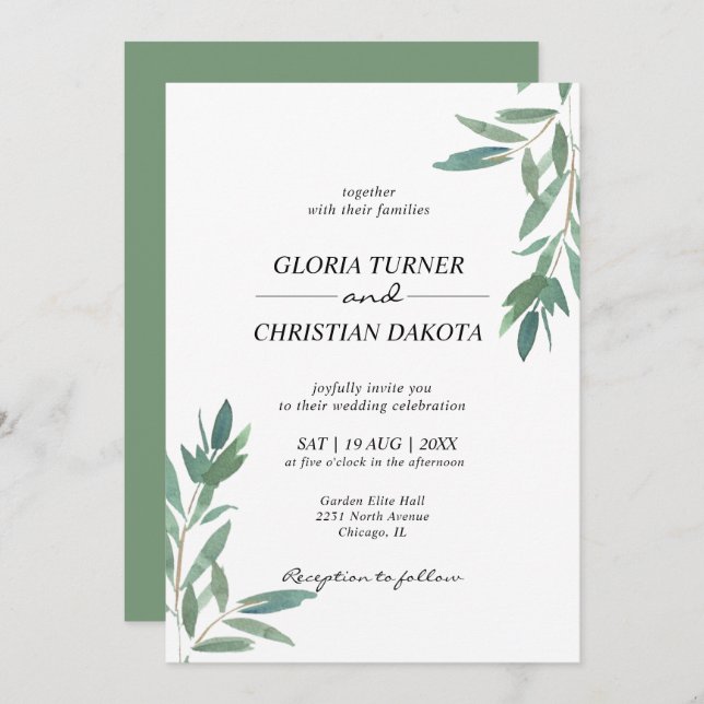 Elegante invitación a la boda de follaje verde (Anverso / Reverso)