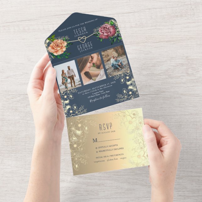 Elegante invitación a la boda de fotos azules de l (desgarro)