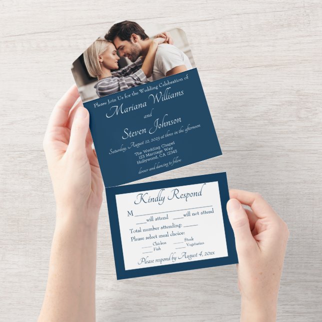 Elegante invitación a la boda de fotos azules de l (desgarro)