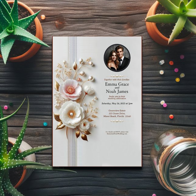 Elegante Invitación a la boda de fotos con flores  (Subido por el creador)