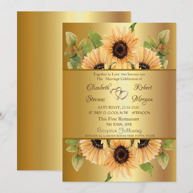 Elegante Invitación a la boda de girasoles dorados (Anverso / Reverso)