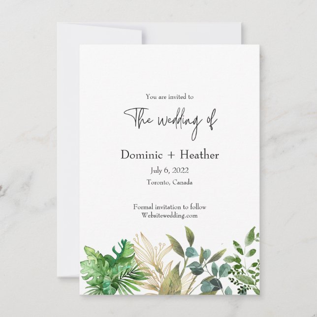 Elegante invitación a la boda de hojas botánicas (Anverso)