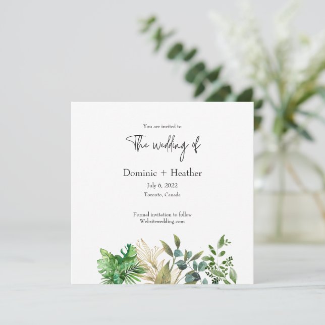 Elegante invitación a la boda de hojas botánicas (Anverso de pie)