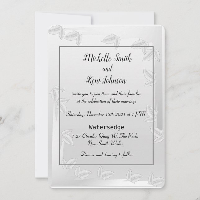 Elegante invitación a la boda de hojas de plata (Anverso)