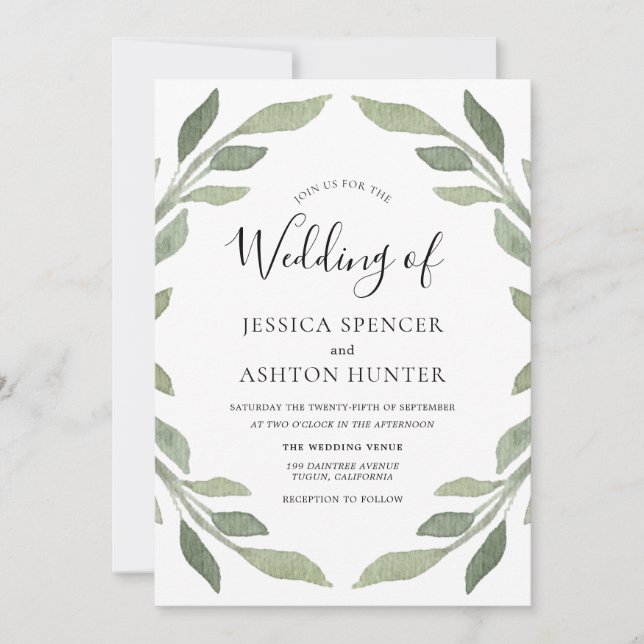 Elegante Invitación a la Boda de Hojas Verdes Mode (Anverso)