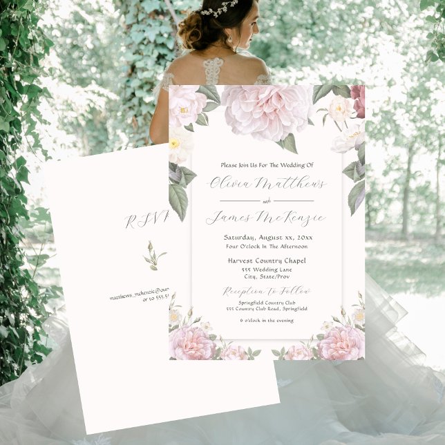 Elegante invitación a la boda de jardín con rosas  (Elegant Pink Roses Garden Wedding Invitation 5 x 7)