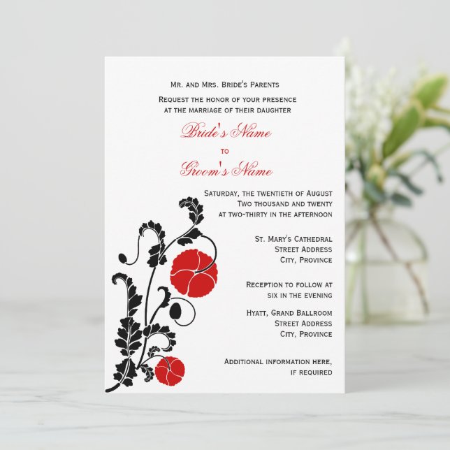 Elegante invitación a la boda de la amapola roja (Anverso de pie)