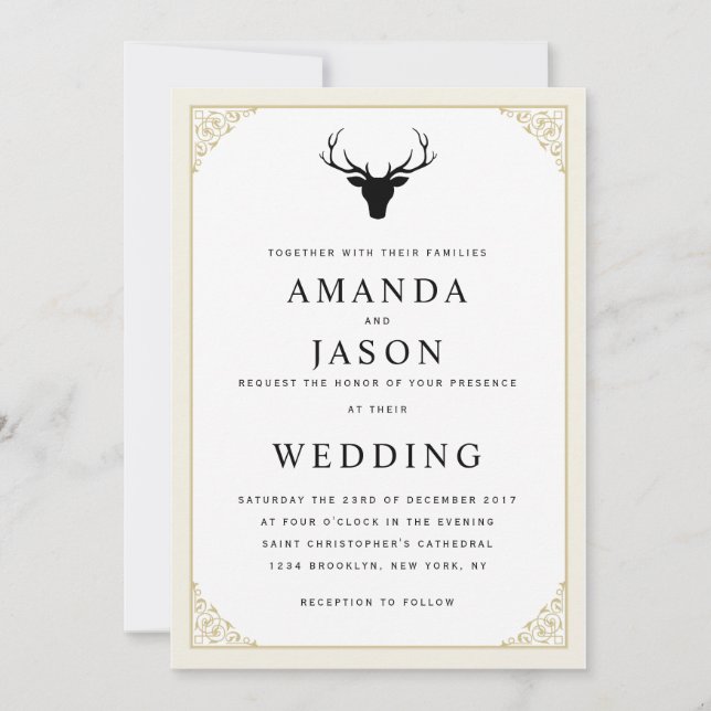Elegante invitación a la boda de la cabeza de cier (Anverso)