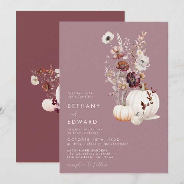 Elegante Invitación a la boda de la calabaza flora (Anverso / Reverso)