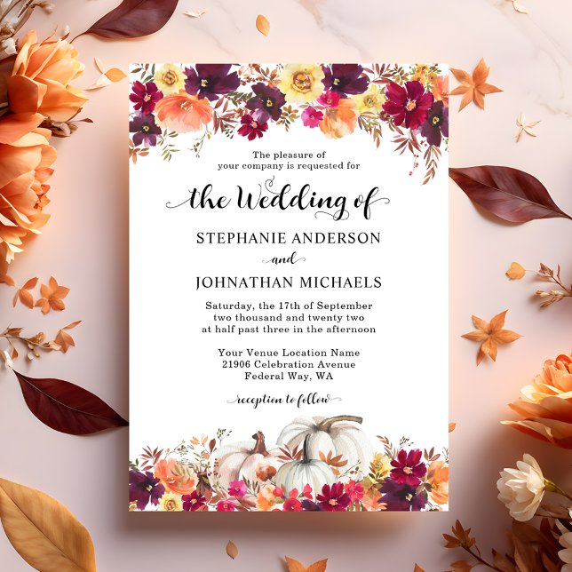 Elegante Invitación a la boda de la calabaza flora (Elegant Watercolor Fall Floral Pumpkin Wedding Invitation)