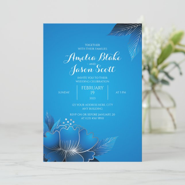 Elegante invitación a la boda de la flor azul (Anverso de pie)