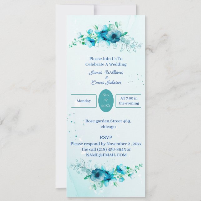 Elegante invitación a la boda de la flor azul (Anverso)