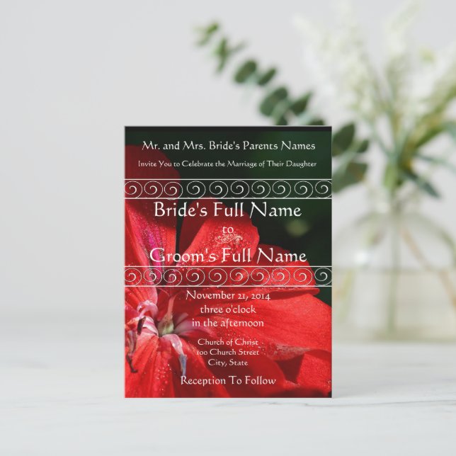 Elegante invitación a la boda de la flor roja (Anverso de pie)