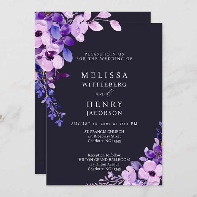 Elegante invitación a la boda de la flor rosa púrp (Anverso / Reverso)