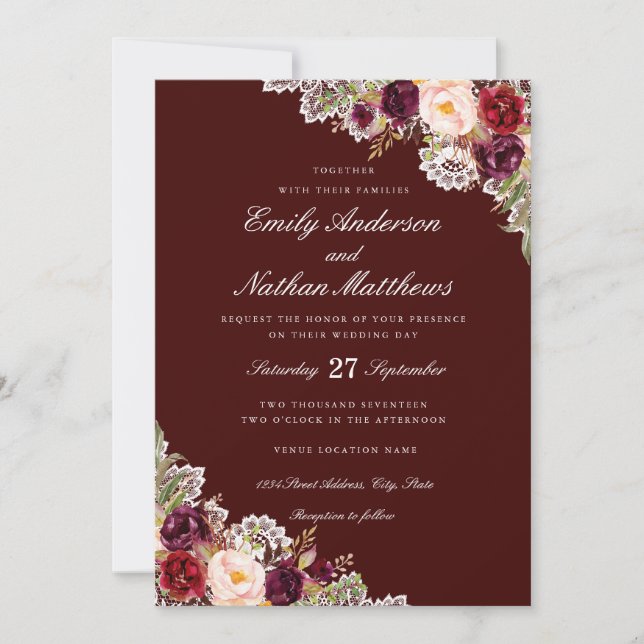 Elegante invitación a la boda de la floral borgoño (Anverso)