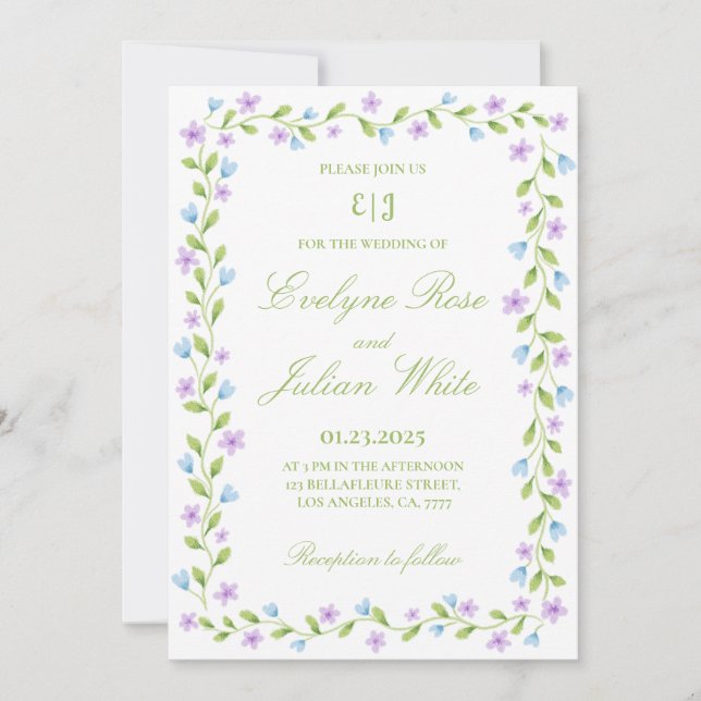 Elegante Invitación a la boda de la frontera flora (Anverso)
