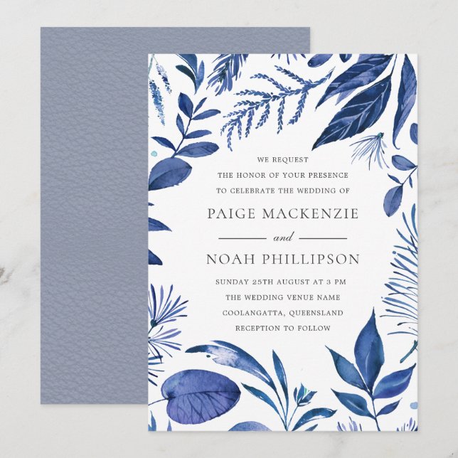 Elegante invitación a la boda de la hoja azul mode (Anverso / Reverso)