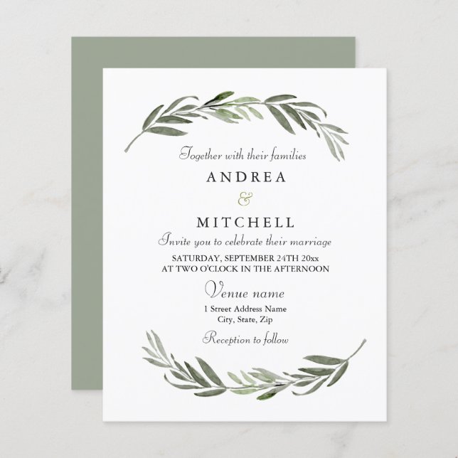 Elegante Invitación a la boda de la hoja de verde (Anverso / Reverso)