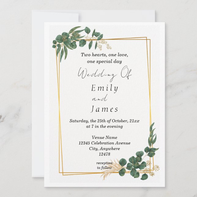 Elegante invitación a la boda de la hoja verde (Anverso)