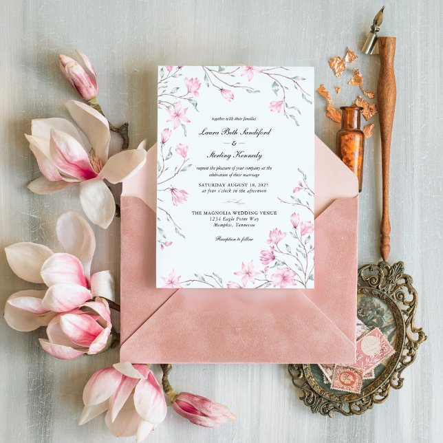 Elegante invitación a la boda de la Magnolia flora (Subido por el creador)