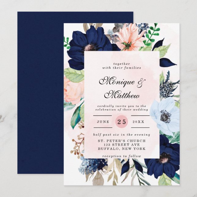 Elegante invitación a la boda de la Marina Rubor d (Anverso / Reverso)