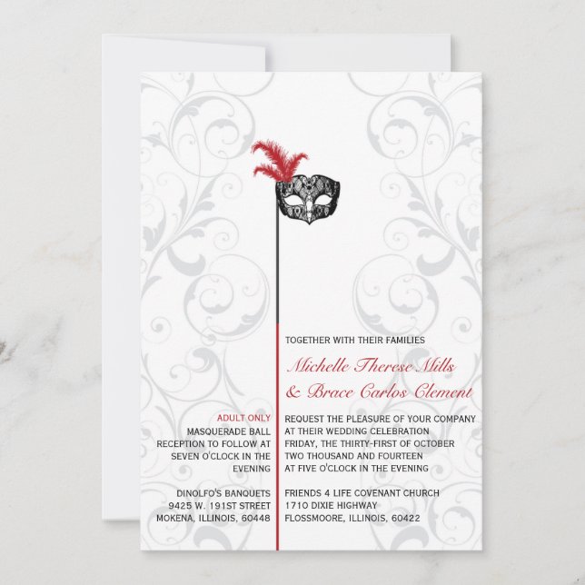 Elegante invitación a la boda de la mascarada negr (Anverso)