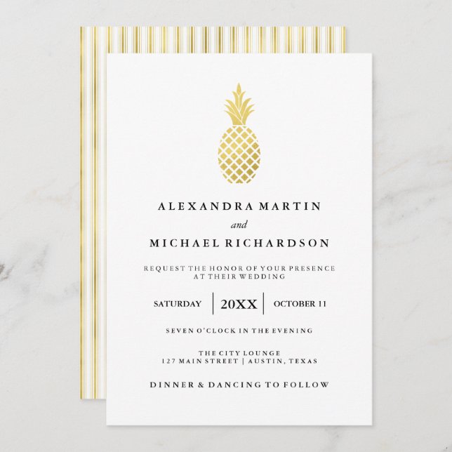 Elegante invitación a la boda de la piña dorada (Anverso / Reverso)