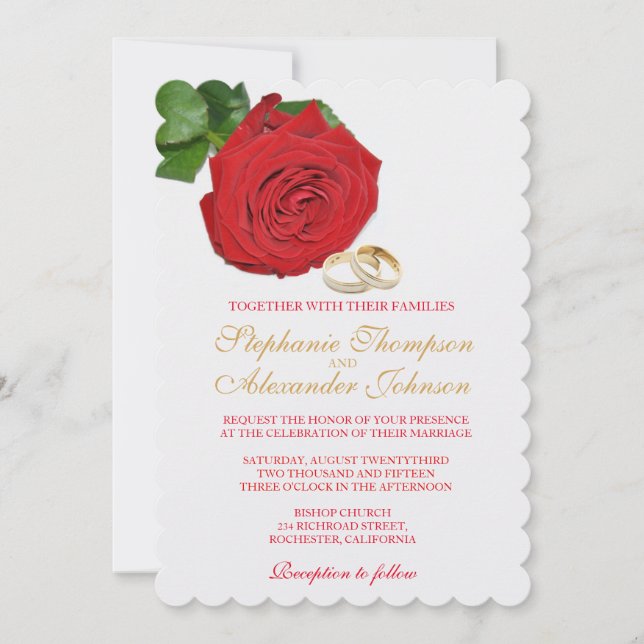 Elegante invitación a la boda de la rosa roja (Anverso)