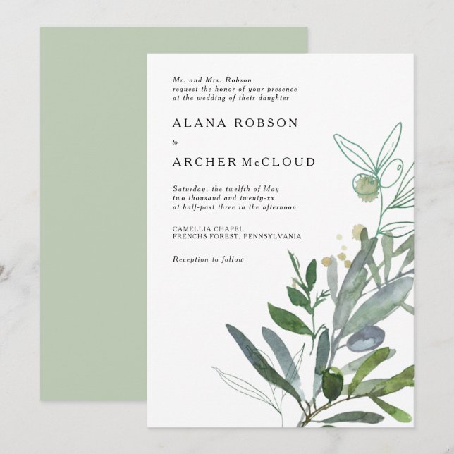Elegante Invitación a la Boda de la Vegetación de  (Anverso / Reverso)