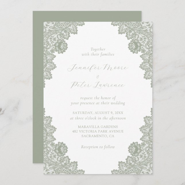 Elegante Invitación a la Boda de Lace Verde Sage (Anverso / Reverso)