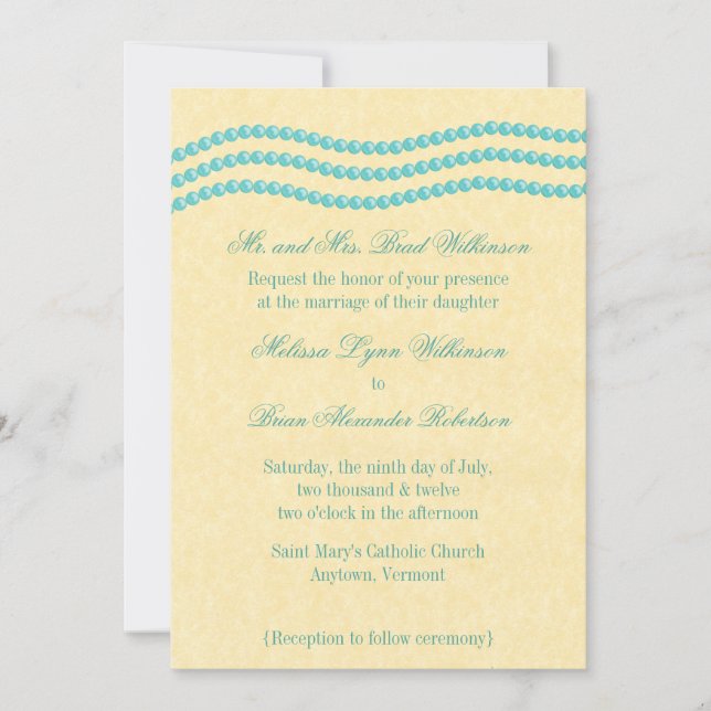 Elegante invitación a la boda de las perlas, turqu (Anverso)