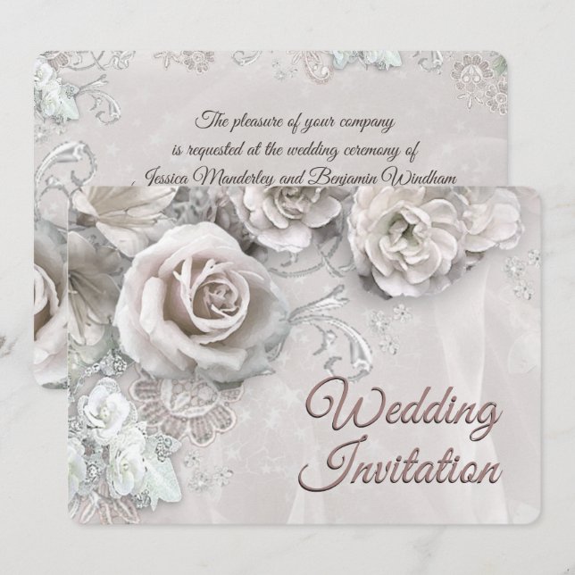 Elegante invitación a la boda de las rosas blancas (Anverso / Reverso)
