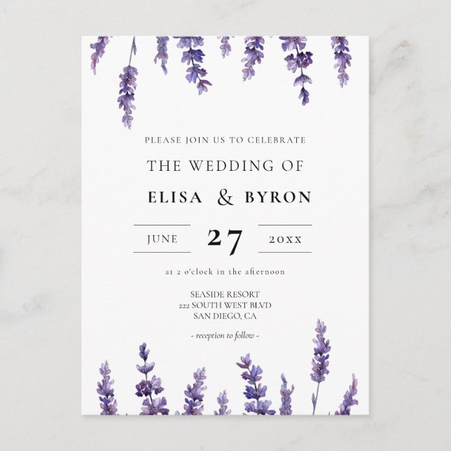 Elegante invitación a la boda de lavanda floral (Anverso)