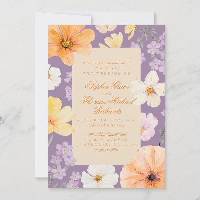 Elegante Invitación a la Boda de Lavanda Floral (Anverso)