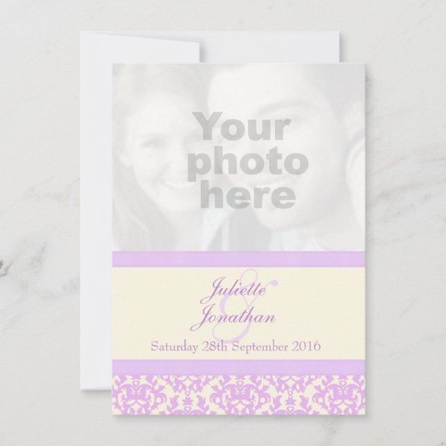 Elegante invitación a la boda de lila damascal y c (Anverso)