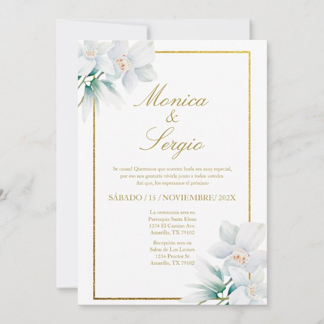 Elegante invitación a la boda de lirios blancos en (Anverso)