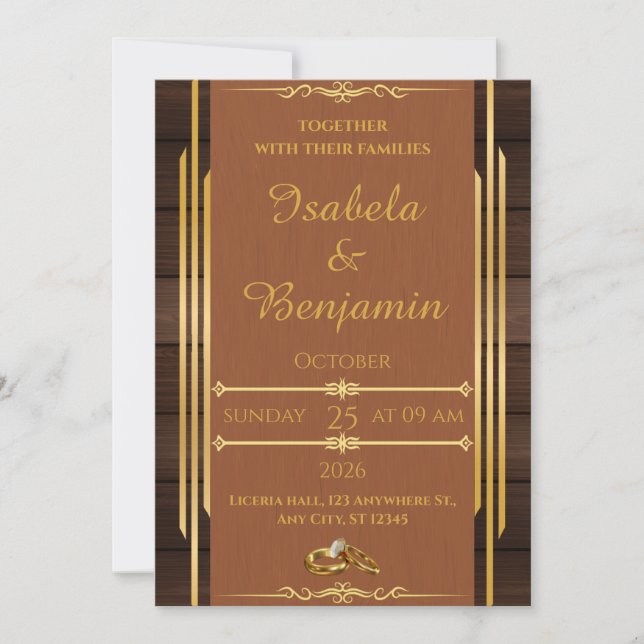 Elegante Invitación a la Boda de Madera y Oro - Rú (Anverso)
