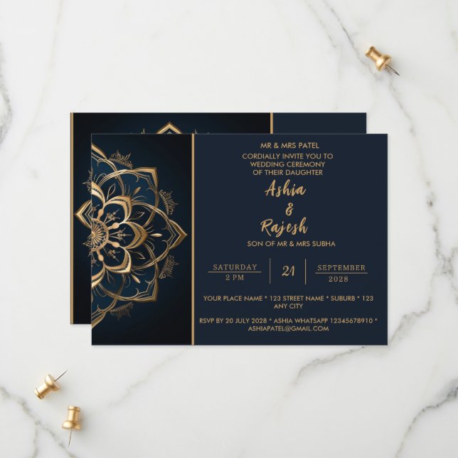 Elegante Invitación a la boda de manala dorada (Anverso/Reverso In Situ)