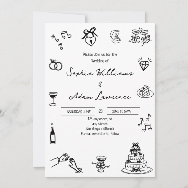 Elegante Invitación a la boda de mano dibujada (Anverso)
