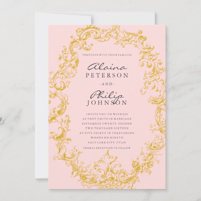 Elegante Invitación a la boda de marco dorado y ro (Anverso)