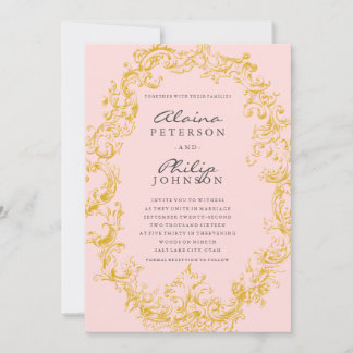 Elegante Invitación a la boda de marco dorado y ro