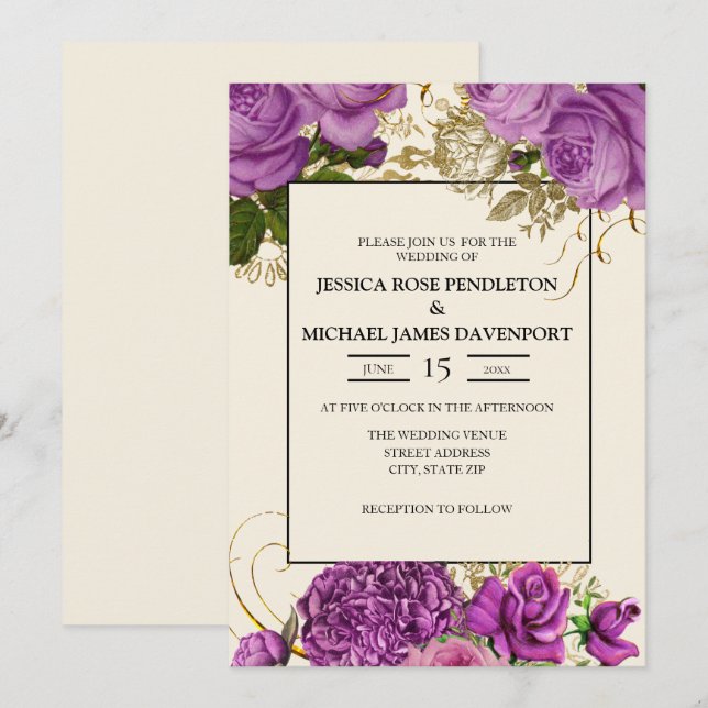 Elegante Invitación a la boda de marfil con flores (Anverso / Reverso)
