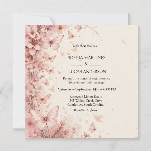 Elegante invitación a la boda de mariposa floral (Anverso)