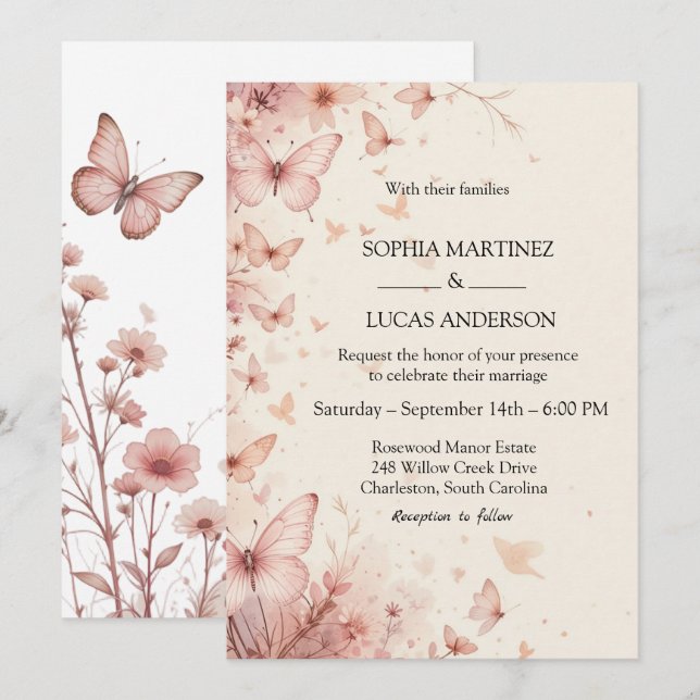 Elegante invitación a la boda de mariposa floral (Anverso / Reverso)
