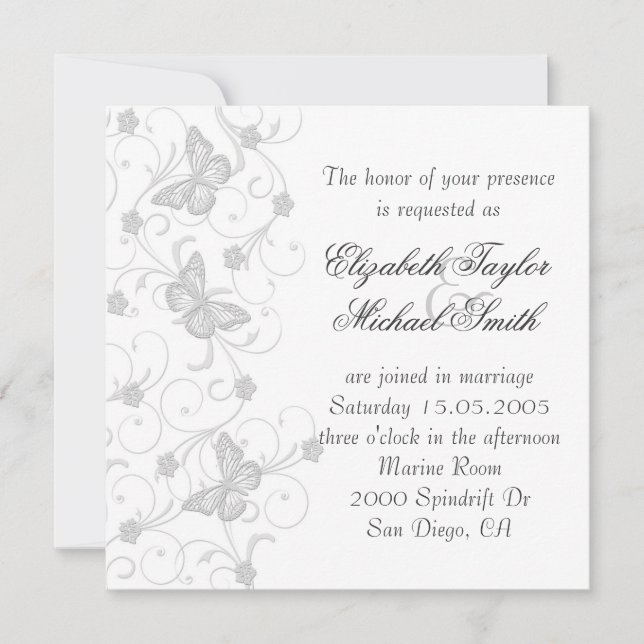 Elegante Invitación a la boda de mariposas grises  (Anverso)