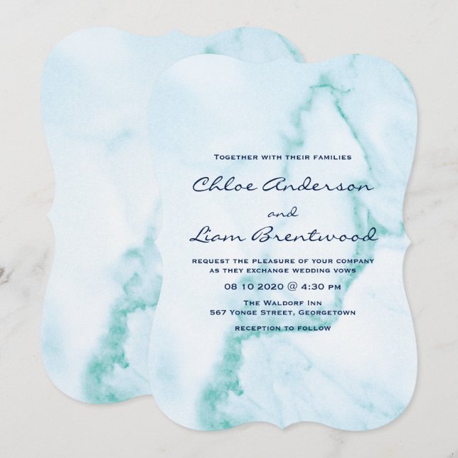 Elegante Invitación a la Boda de Mármol Aqua (Anverso / Reverso)